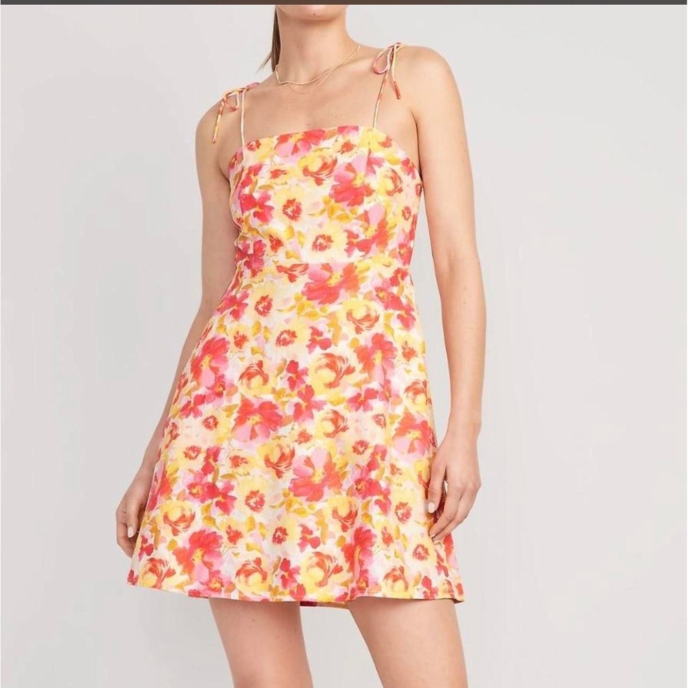 Old Navy Floral Coquette Linen Blend Tie Strap Mini Dress Petite Large Pockets